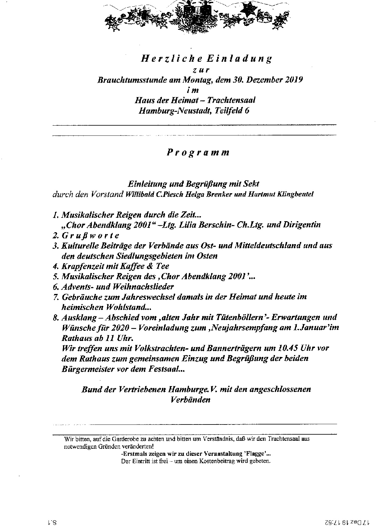 Einladung zur Brauchtumsstunde am 30.12.2019